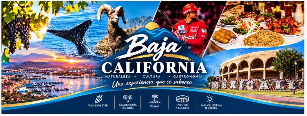 Portada 1. Baja California: naturaleza, cultura y gastronomía. Collage de viñedos, ballena, borrego cimarrón, béisbol, comida y Mexicali. Una experiencia que se saborea.