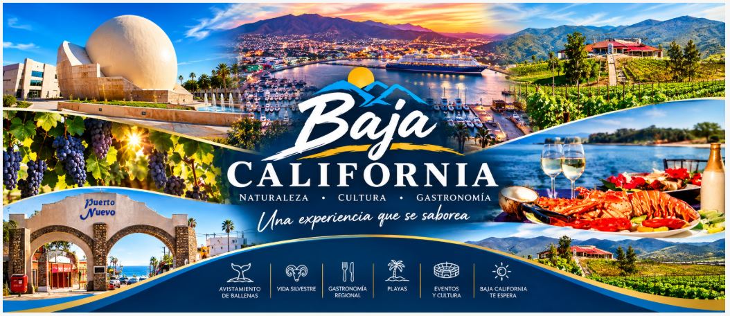 Portada 2. Baja California: naturaleza, cultura y gastronomía. Collage del CECUT, paisaje costero, viñedos, Puerto Nuevo y langosta. Una experiencia que se saborea.